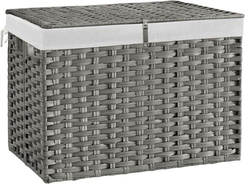 240L Wicker Storage Basket with Lid, Handwoven Rattan Large Shelf Basket with Removable Liner, 63.5 Gallon Wicker Basket for Blanket, Storage Trunk with Handle for Closet, Bedroom, Livingroom, Grey