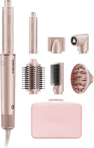7MAGIC 7-in-1 Hot Air Styler, Hair Styler Dryer Brush with Auto-Wrap Curlers, High-Speed Hair Dryer for Fast Drying, Volumizing & Straightening, Travel Case Included, Pink