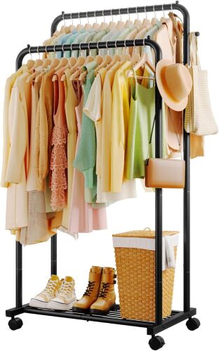 Clothes Rack, Rolling Clothing Rack with Double Rods for Hanging Clothes