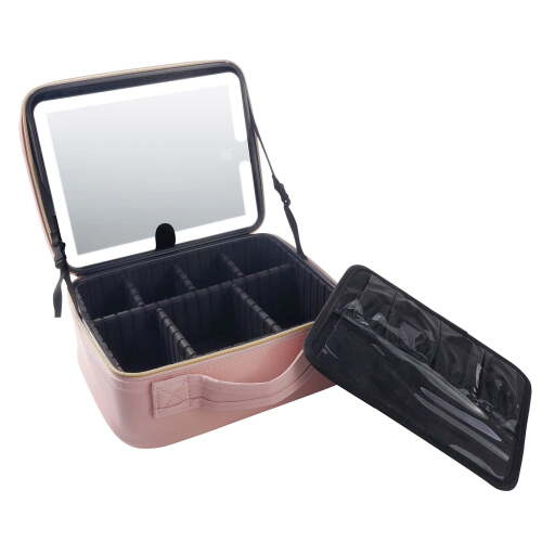 ravel Makeup Bag with LED Mirror, Cosmetic Makeup Case, Adjustable Divided Makeup Storage, Pink