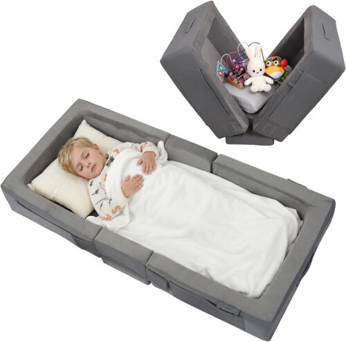 ENITYA Toddler Travel Bed – Portable Foldable Soft Foam Floor Bed for Kids 1–4yr, No Assembly, Washable Cover, Built-in Safety Rails, Compact for Travel & Home Use, Light Grey