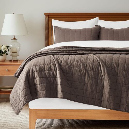 EVERGRACEHOME 100% Cotton Box Stitch Quilt Bedding Set King Size 3 Pieces, Garment-Washed Lightweight Soft Cozy Coverlet, Oversized Quilted Bedspread Sets with 2 Shams for All Season, Cocoa Brown | Box Stitch Design, 100% Cotton, Soft, Oversized, Pre Was
