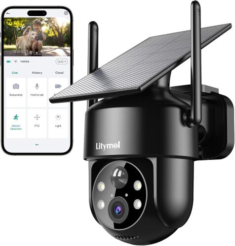 LITYMOL 2K 2.4g WiFi Security Cameras Wireless Outdoor, 360° View Solar Cameras for Home Security, Color Night Vision, AI Detection, 2-Way Audio, Spotlight Siren Alarm, SD/Cloud Storage