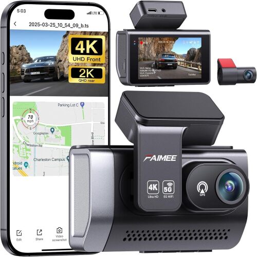 FAIMEE 4K Dash Cam Front and Rear with GPS, Upgraded 5.8G WiFi, Dual Dash Camera for Cars, Night Vision, WDR, 160°Wide Angle, 24H Parking Monitor, Emergency Lock, 3" IPS Screen