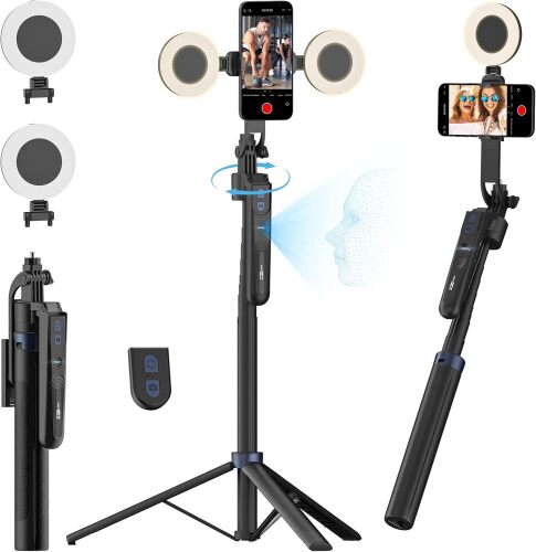 USKEYVISION Auto Face Tracking Tripod 360 Rotation,Phone Tripod for iPhone w/Fill Light,Selfie Stick for iPhone w/Remote Control,70” Phone Holder Video Recording for Content Creators TikTok