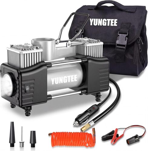YUNGTEE Silver Tire Inflator Heavy Duty Double Cylinders Direct Drive Inflation Pump, 12V Portable Air Compressor Pump with Emergency LED Light - 150PSI, Apply to Car, SUV, RV
