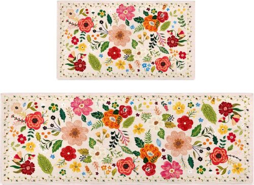 Kitchen Rugs and Mats Non Skid Washable Set of 2,Boho Floral Modern Farmhouse Bohemian Kitchen Runner Rugs with Rubber Backing for Kitchen Decor and Accessories (Beige 17"x47"+17"x30")