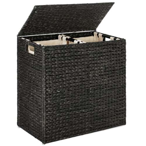 Large Water Hyacinth Double Laundry Hamper Basket w/ 2 Liner Bags