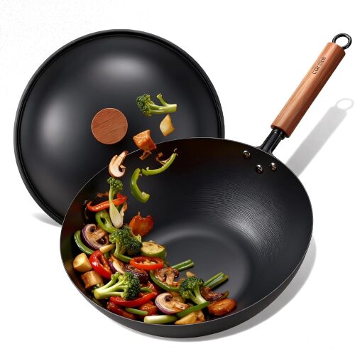 CAROTE 12" Carbon Steel Wok Pan, 4.5QT Woks & Stir-fry Pans, No Chemical Coated Pre-Seasoned Flat Bottom Wok with Lid for Stir Fry, BBQ, Grill & Camping, All Stovetop Compatible, Black