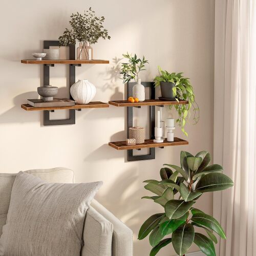 HOOBRO Floating Shelves, 15 Inch Wall Shelf Set of 2, Wall Mounted Storage Shelves 2-Tier, Hanging Bathroom Shelves, for Living Room, Bedroom, Bathroom, Kitchen, Rustic Brown and Black