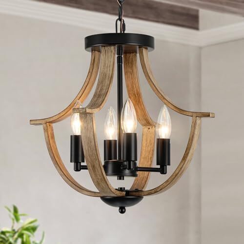 LAMPKEDUO Farmhouse Hanging Pendant Lighting, 4-Light Rustic Flush Mount Ceiling Light Fixture,Modern Faux Wood Vintage Chandelier For Dining Room Kitchen Island Foyer Hallway Entryway Bedroom
