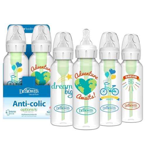 Dr. Brown's Natural Flow Anti-Colic Options+ Narrow Baby Bottle, Dream Adventure, 8 oz/250 mL, with Level 1 Slow Flow Nipples, 0m+, 4 Pack