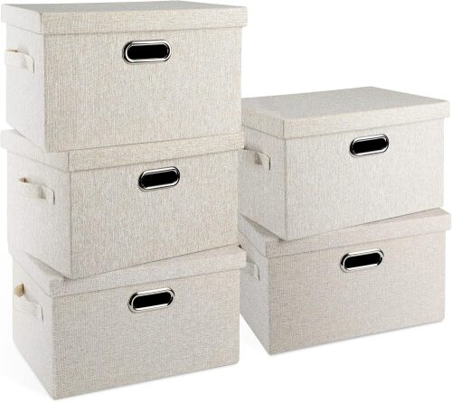 Quart Collapsible Stackable Storage Bins with Lids, 5 Packs Beige