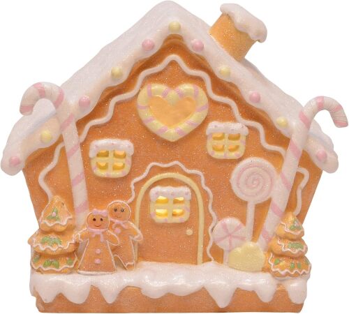 Mark Feldstein & Associates Frosted Pink Whimsical Gingerbread Family Winter Village Cottage, 8 Inch