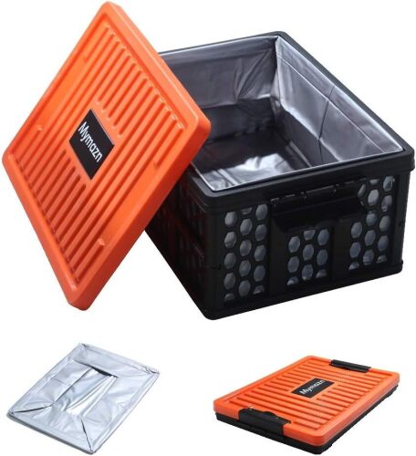 Mymazn Trunk Organizer Plastic for Car, Crate Storage Collapsible Car Organizer for SUV, Groceries, Camping | with Lid, Waterproof Bag, Optional Insulated Cooler(Orange)