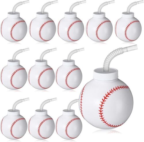 17 oz Plastic Baseball Cups with Straws and Lids, 12 pc