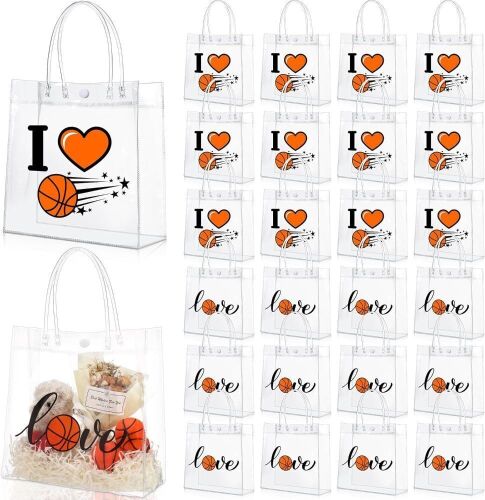 24 Pcs Basketball Clear Gift Bag with Handles, 8 x 8 x 3.6''