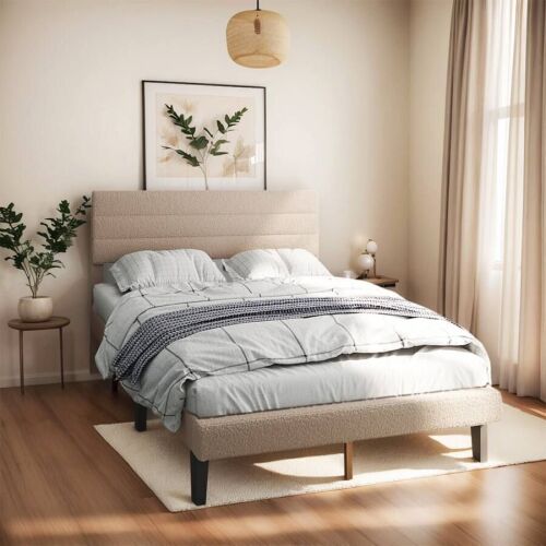 Twin Size Boucle Upholstered Platform Bed Frame with Adjustable Headboard