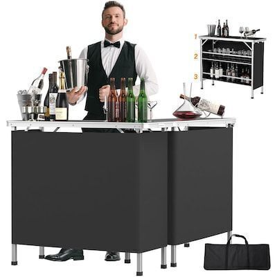 VINGLI 43-in 3-tier Shelves Black Portable Bar Table with Black Skirt