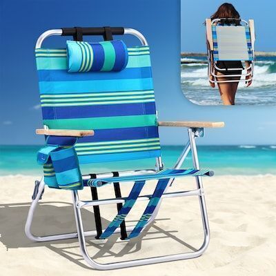 VINGLI 13-in Beach Chair with 3-Position Cooler Bag Cup Holders and Blue Stripe