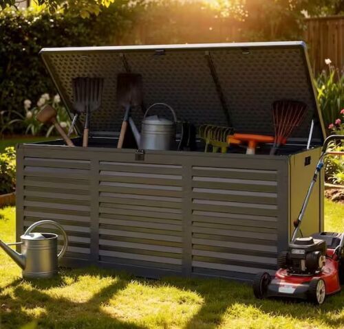 130 Gal. Black Resin Deck Box with Hydraulic Rod and Side Handle, Lockable
