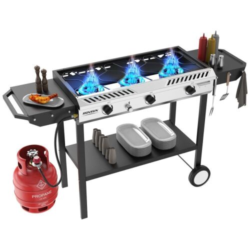 ROVSUN 3-Burner 225000 BTU Outdoor Camping Propane Stove with Wheels & Side Shelves
