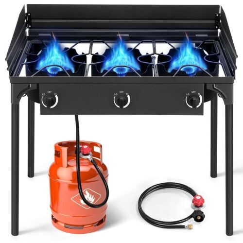 225000BTU 3-Burner Outdoor Stove with Windscreen, Black