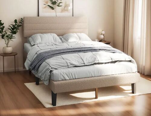 Twin Size Boucle Upholstered Platform Bed Frame with Adjustable Headboard