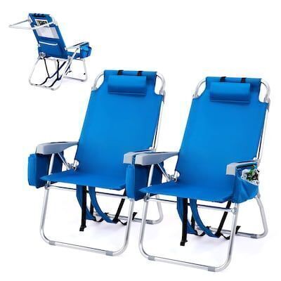 VINGLI 2 Pack 16-in Beach Chair with 5-Position Cooler Bag Cup Holders and Towel Bar Blue