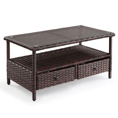 VINGLI 35.6W x 17.5H Outdoor All-Weather Wicker Coffee Table with 2 Drawers and Tempered Glass Top