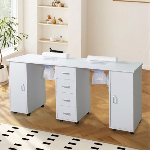 Double Nail Desk, Manicure Table with Dust Collector, 4 Drawers & Lockable Wheels