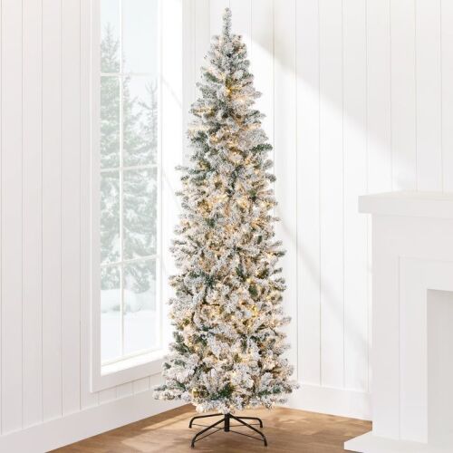 7.5' Pre-Lit Snow Flocked Artificial Pencil Christmas Tree
