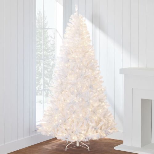 7.5' Pre-Lit Hinged Artificial White Pine Christmas Tree w/ Lights, Metal Stand