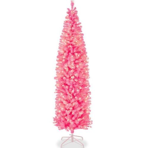 6' Pre-Lit Pink Artificial Pencil Holiday Tree w/ Warm White Lights, Stand