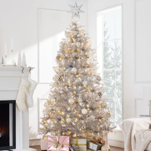7.5' Prelit Silver Artificial Tinsel Christmas Tree w/ Foldable Stand