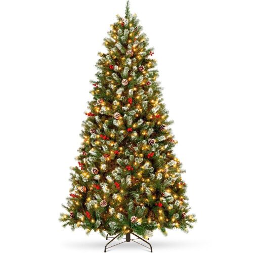 6' Pre-Lit Frosted Spruce Christmas Tree, w/ Pinecones, Berries, Metal Base