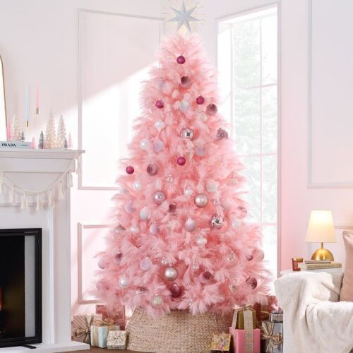 6' Premium Artificial Pink Pampas Christmas Tree w/ Foldable Metal Base