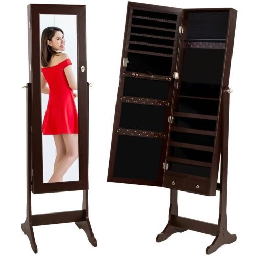 Full Length Freestanding Jewelry Mirror Armoire w/ Velvet Interior