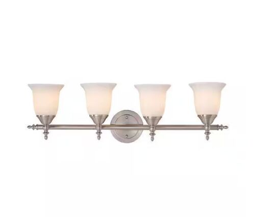 Lot of (2) Hampton Bay Olgelthorpe 29.8 in. 4-Light Brushed Nickel Bathroom Vanity Light Fixture with Bell Shaped Frosted Glass Shades
