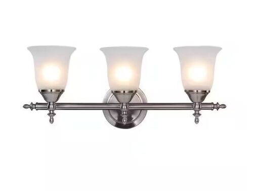 Hampton Bay Olgelthorpe 22 in. 3-Light Brushed Nickel Bathroom Vanity Light Fixture with Bell Shaped Frosted Glass Shades