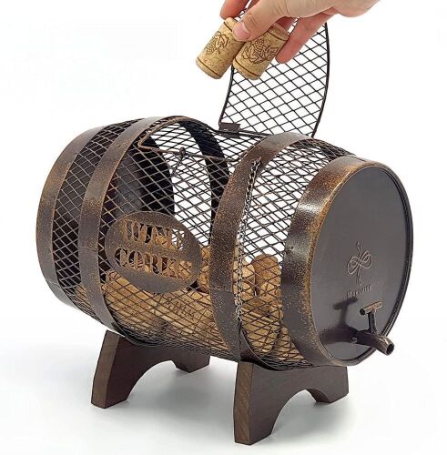 Makuvine Rustic Metal Barrel Wine Cork Holder Display On Wooden Stand