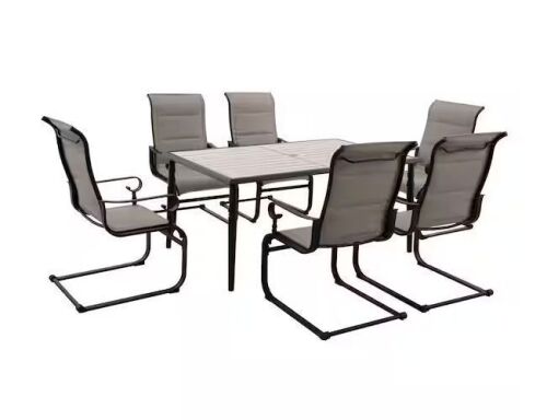Hampton Bay Glenridge Falls 7-Piece Metal Padded Sling Rectangular Outdoor Dining Set in Putty Beige