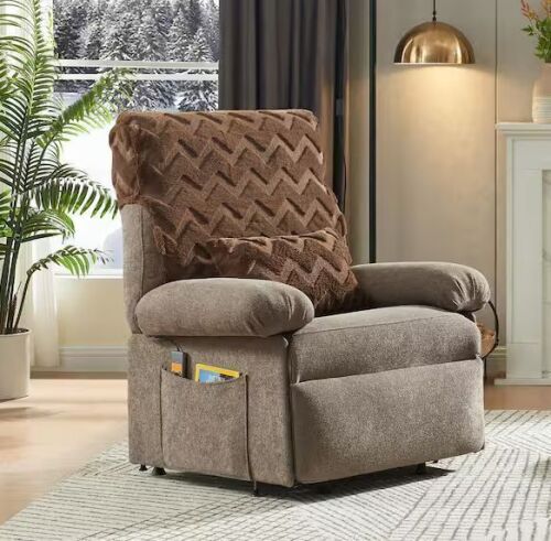 Bestier Dark Brown Linen Power Lift Recliner Chair with Remote Control, Removable Cover, Lumbar Pillow and Side Pocket