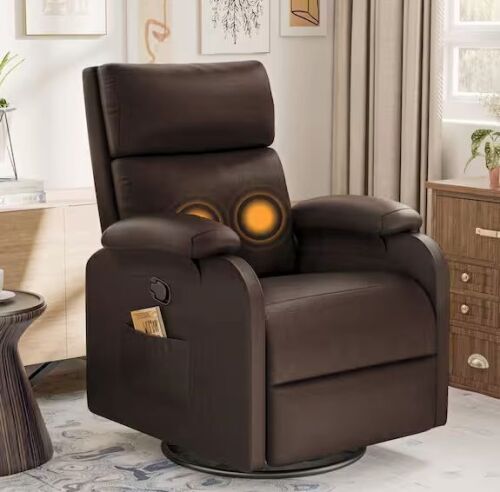 Brown PU Leather 360° Swivel Recliner Chair with Massage, Side Pockets