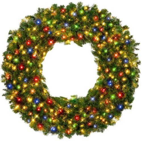 48" Pre-Lit Artificial Fir Christmas Wreath w/ Multicolor LED Lights, PVC Tips