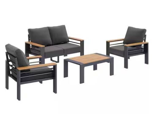 4-Piece Aluminum Patio Furniture Conversation Seating Set with Gray Cushions and Table