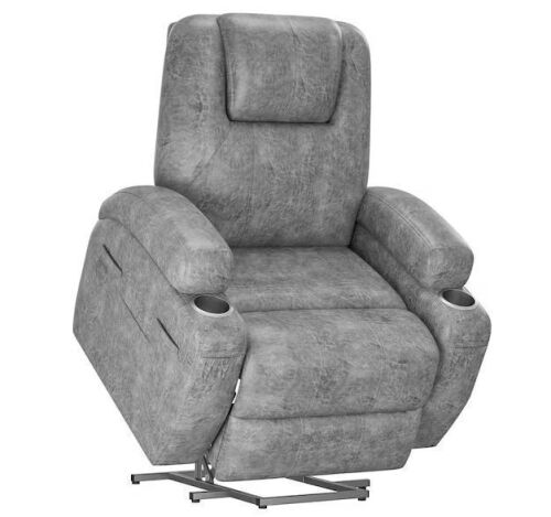 Leathaire Power Lift Recliner Chair with Massage, 2-Cup Holders, Side Pockets, Grey