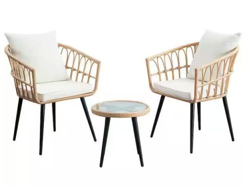 3-Piece Wicker Outdoor Bistro Conversation Set with Off-White Cushion and Round Glass Table