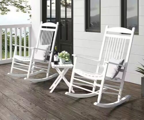 VEIKOUS White Solid Wood Patio Outdoor Rocking Chair Set (3-Piece)