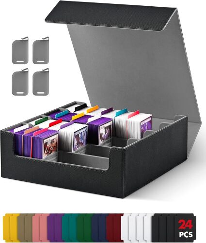UAONO Trading Card Storage Box, Holds 2400 Sleeved Cards with 24 Dividers & 4 Stoppers, Magnetic Closure PU Leather Card Case for MTG, PTCG, YGO, Sports Cards (Black&Gray)